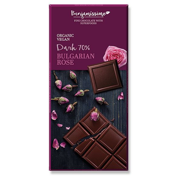 Био веган черен шоколад с българска роза, Benjamissimo, 70гр